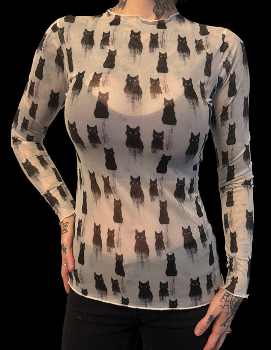 Sheer Mesh Top - Black Cats