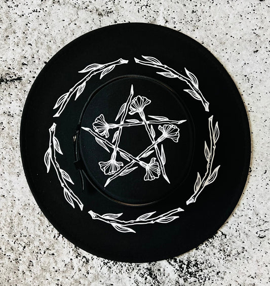Vegan Felt Wide Brim Hat - Flat Top XL Brim - "Floral Pentacle"