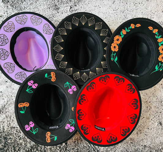 Vegan Felt Wide Brim Hat - "Red Flaming Hearts"