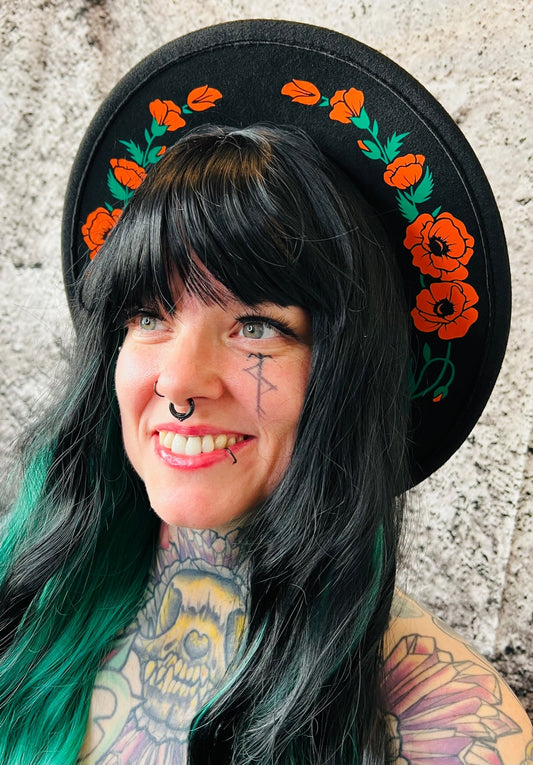 Vegan Felt Wide Brim Hat - "Poppies"