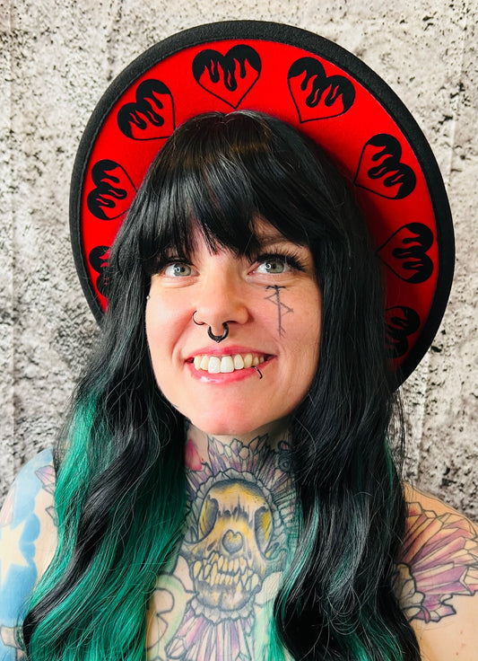 Vegan Felt Wide Brim Hat - "Red Flaming Hearts"