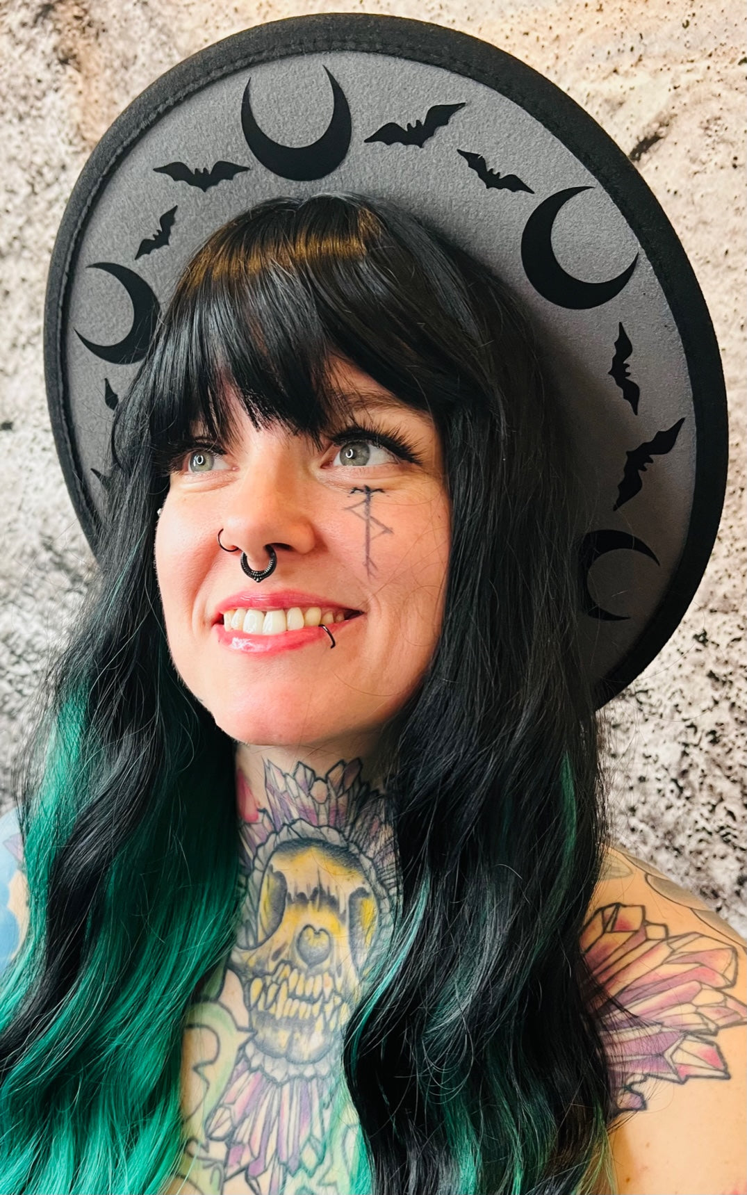 Vegan Felt Wide Brim Hat - "Charcoal Bat Moon"