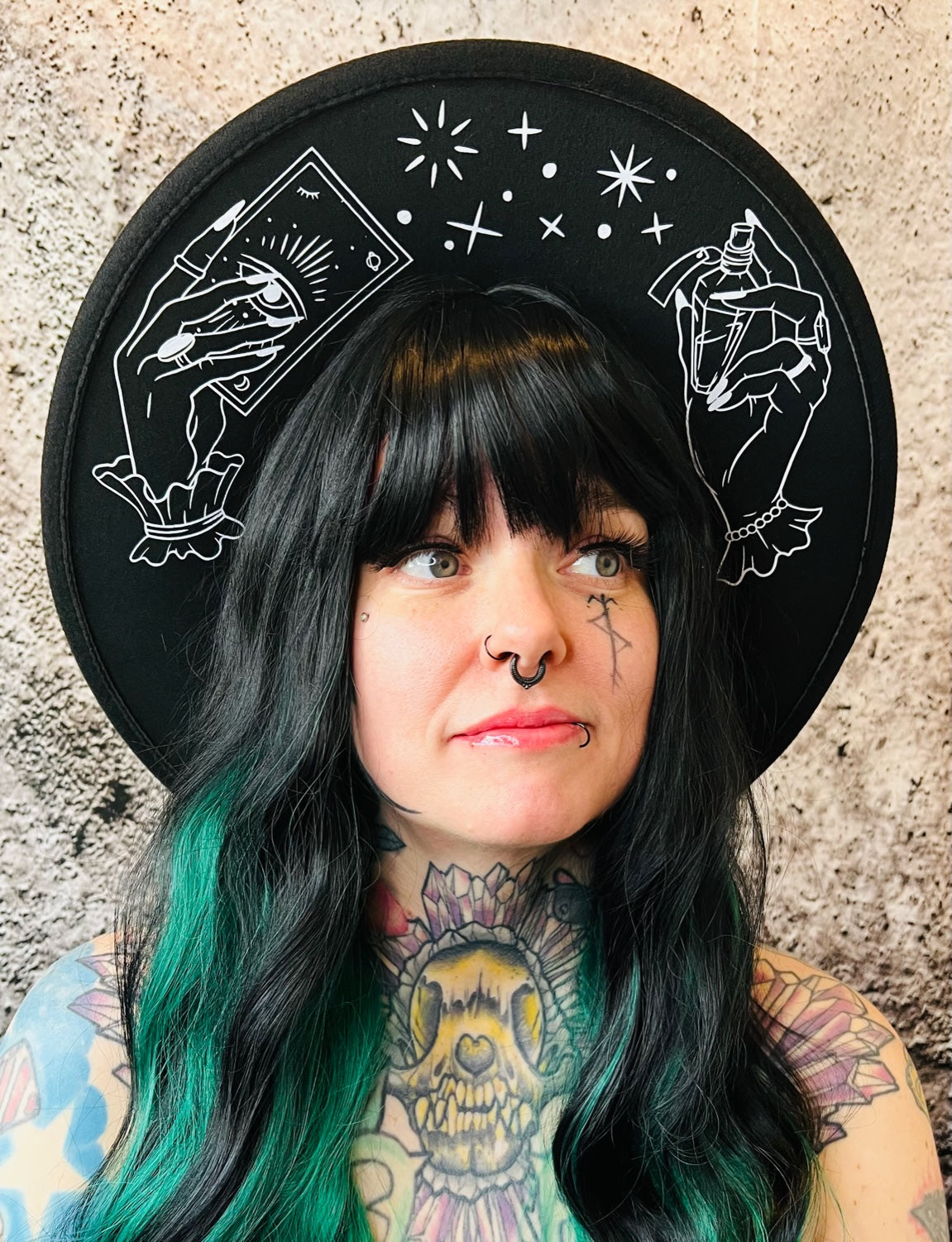Vegan Felt Wide Brim Hat - XL Brim - "Hands of Tarot"