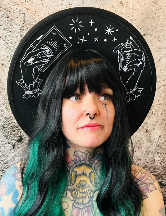 Vegan Felt Wide Brim Hat - XL Brim - "Hands of Tarot"