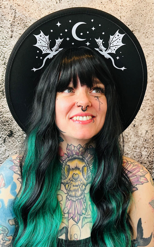 Vegan Felt Wide Brim Hat - XL Brim - "Dragons"