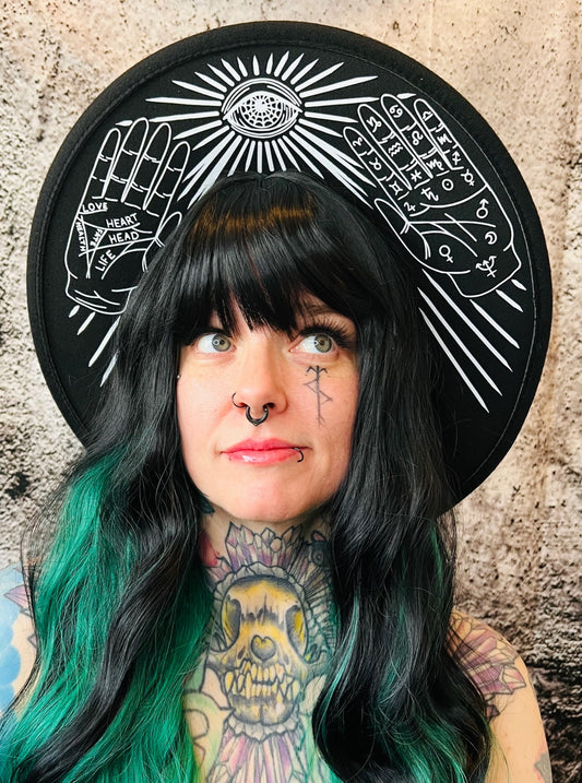 Vegan Felt Wide Brim Hat - XL Brim - "Palmistry"