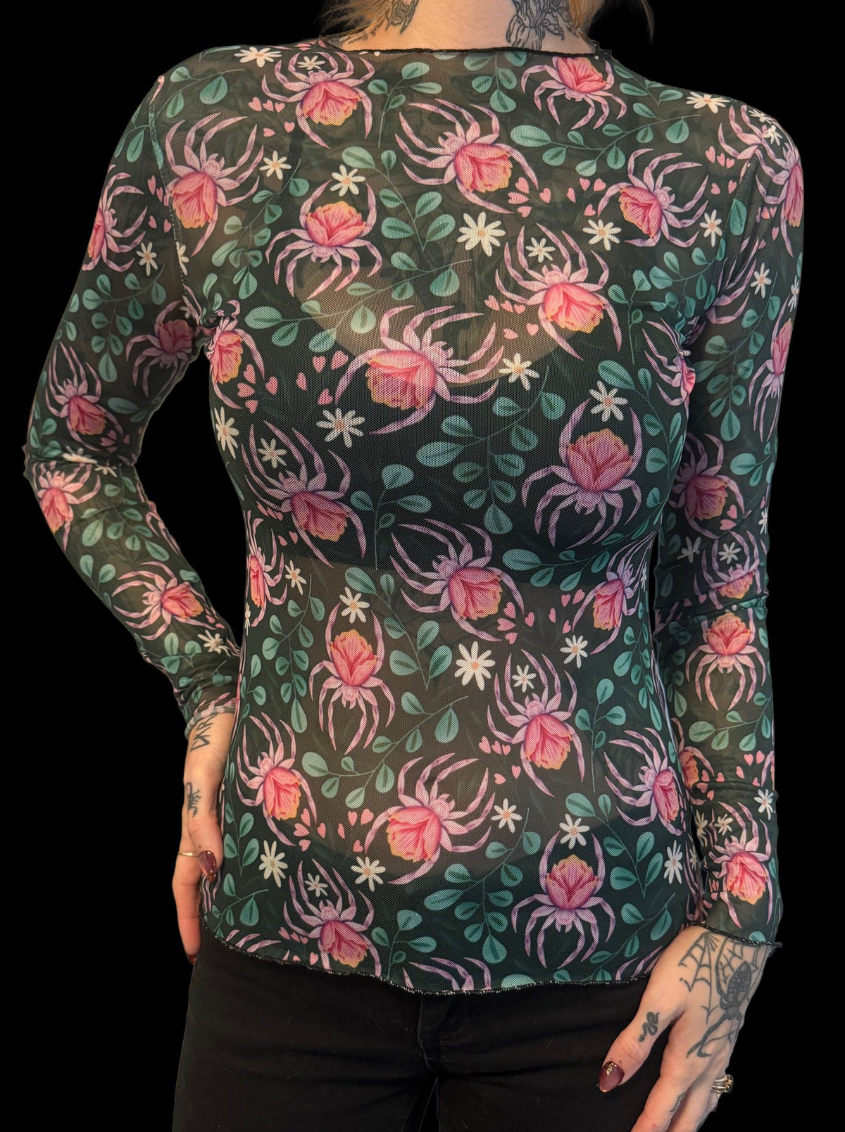 Sheer Mesh Top - Floral Spiders