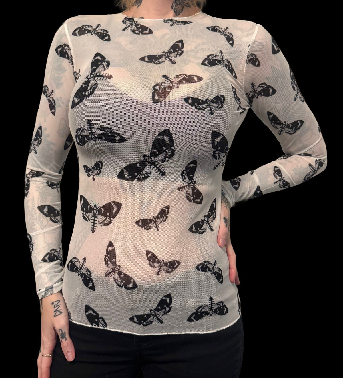 Sheer Mesh Top - Death Head Moths - B/W