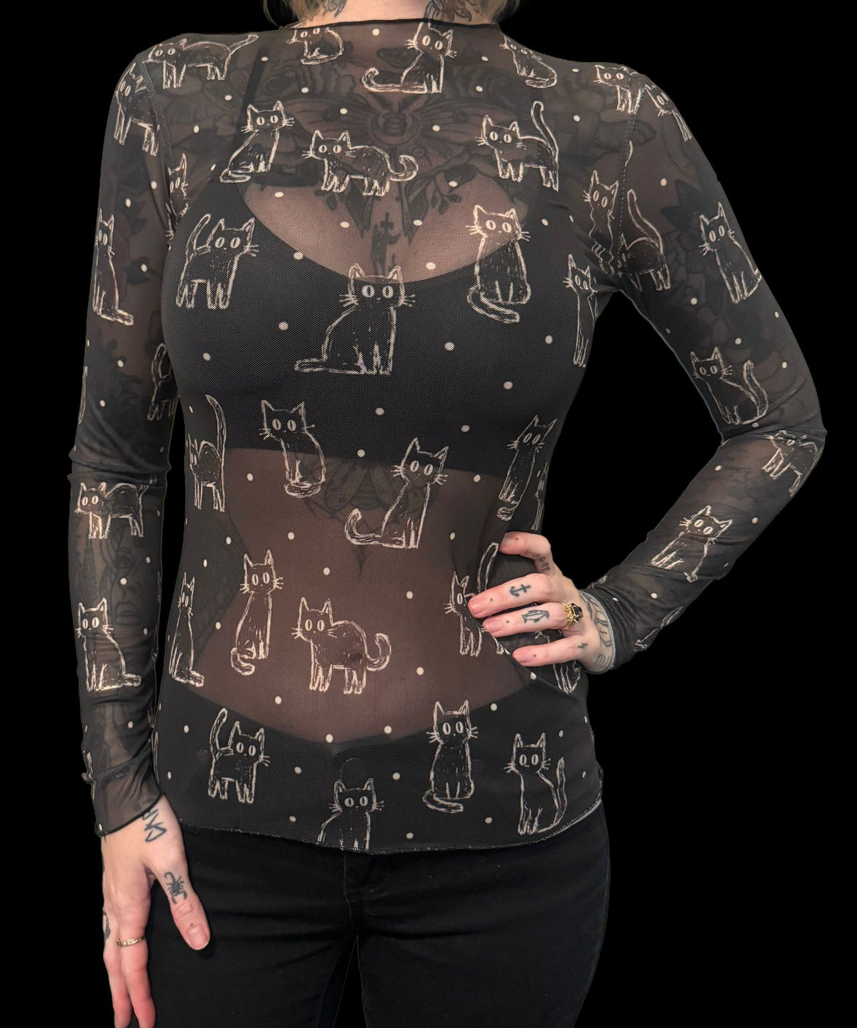 Sheer Mesh Top - Sketchy Cats