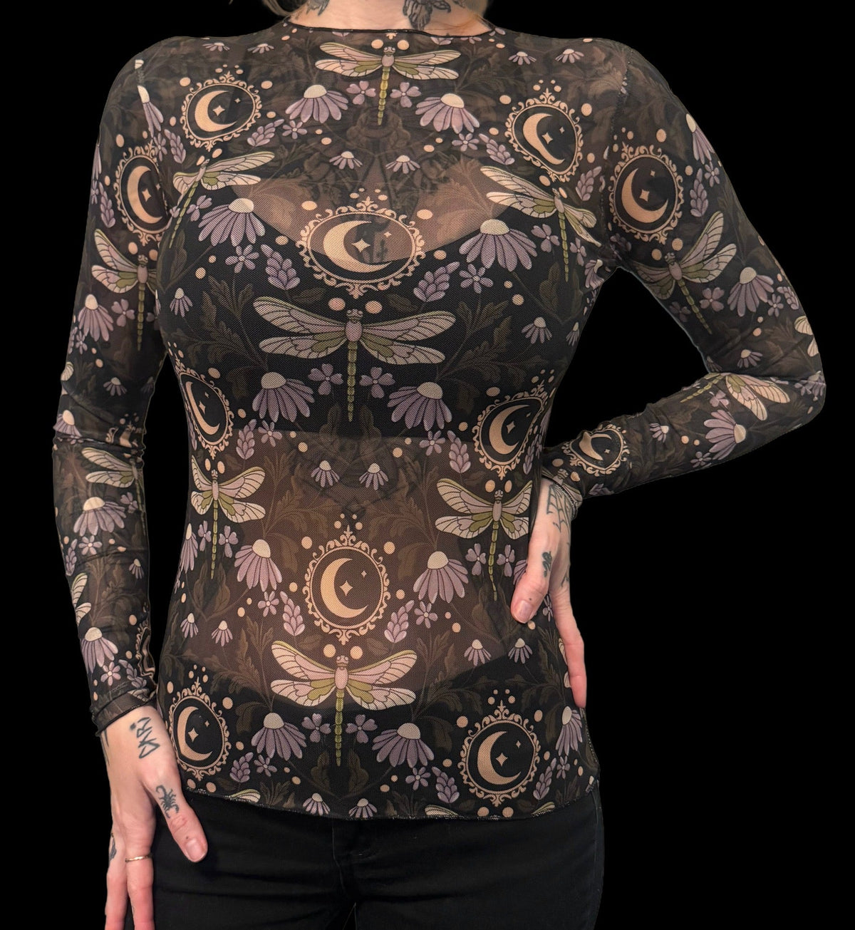 Sheer Mesh Top - Floral Dragonflies