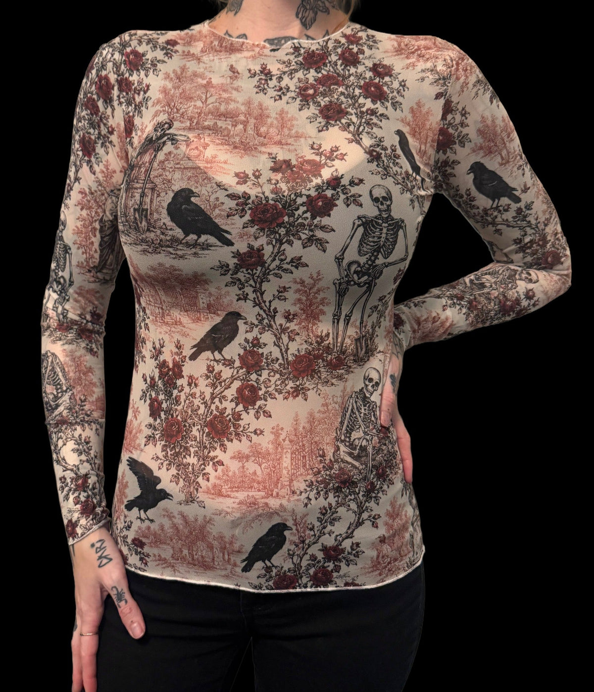 Sheer Mesh Top - Dark Romance Toile de Jouy - Cream/Crimson