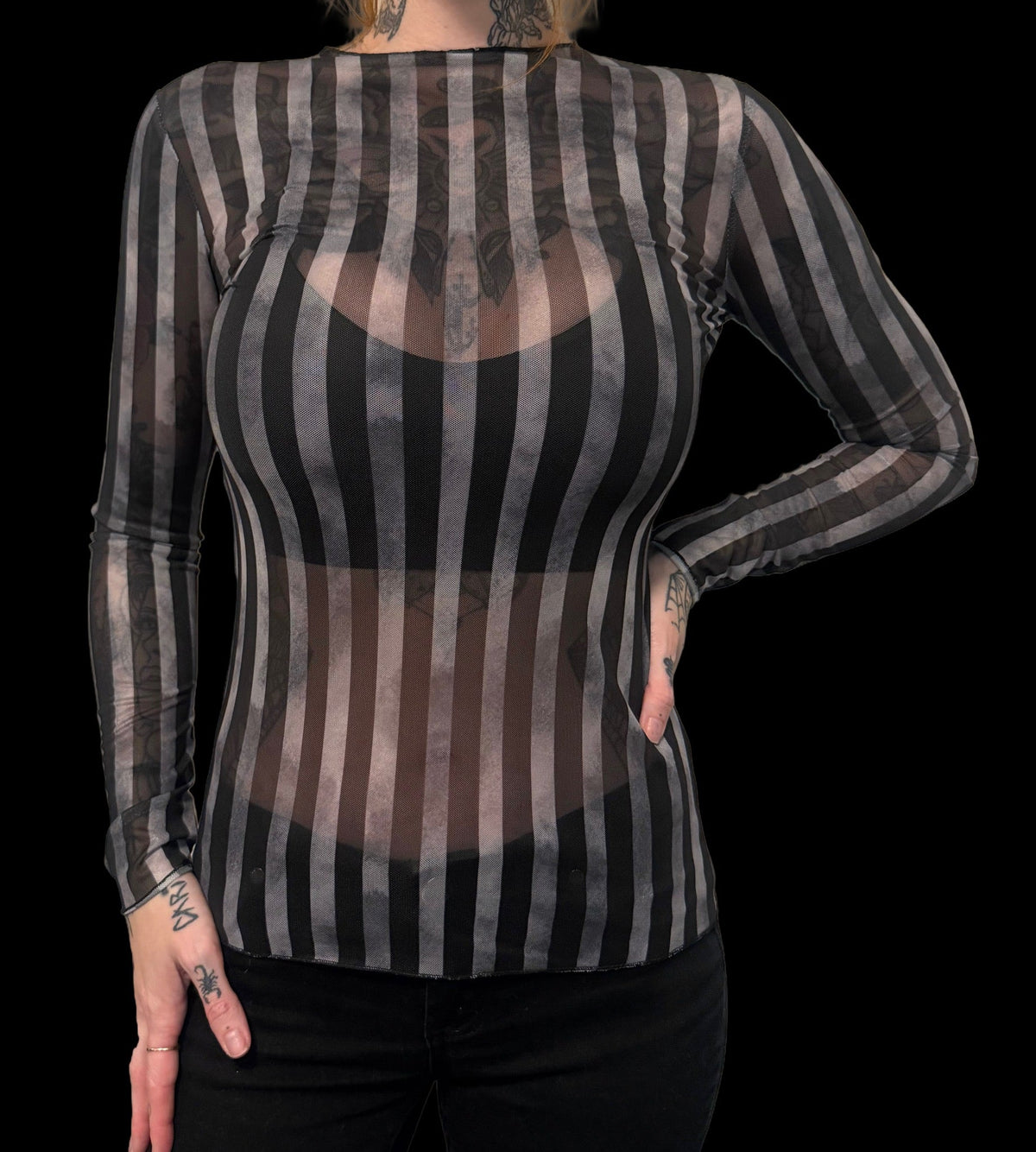Sheer Mesh Top - Distressed Stripes