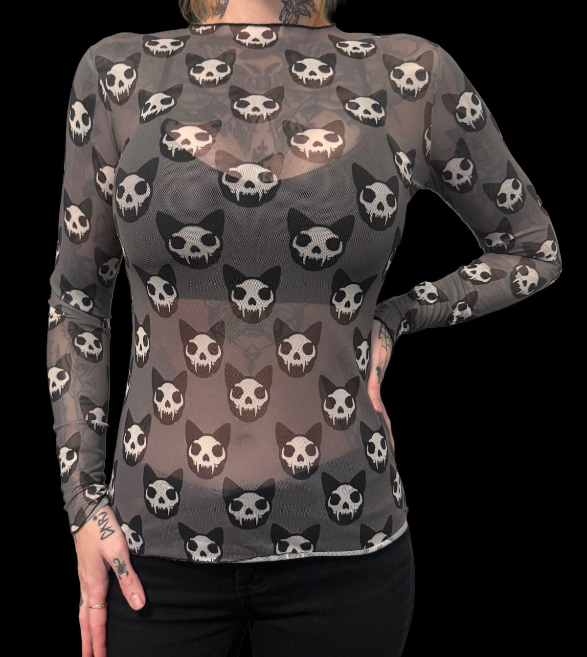 Sheer Mesh Top - Cat Skulls