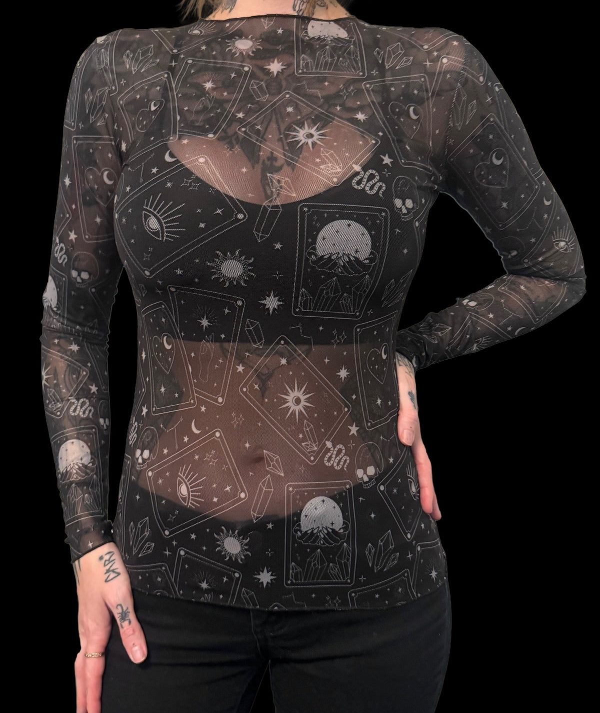 Sheer Mesh Top - Tarot Cards - B/W