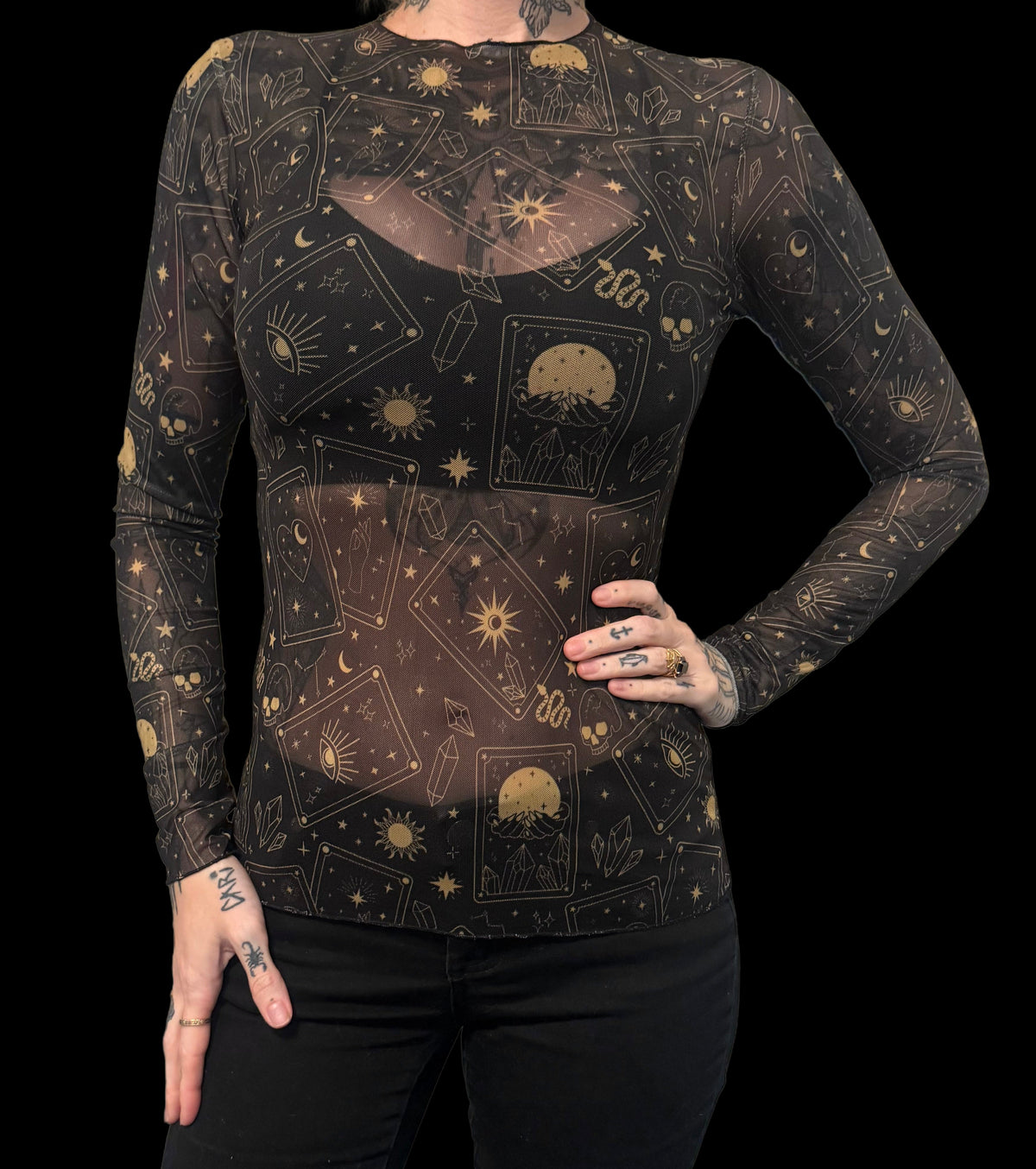 Sheer Mesh Top - Tarot Cards - Black/Gold