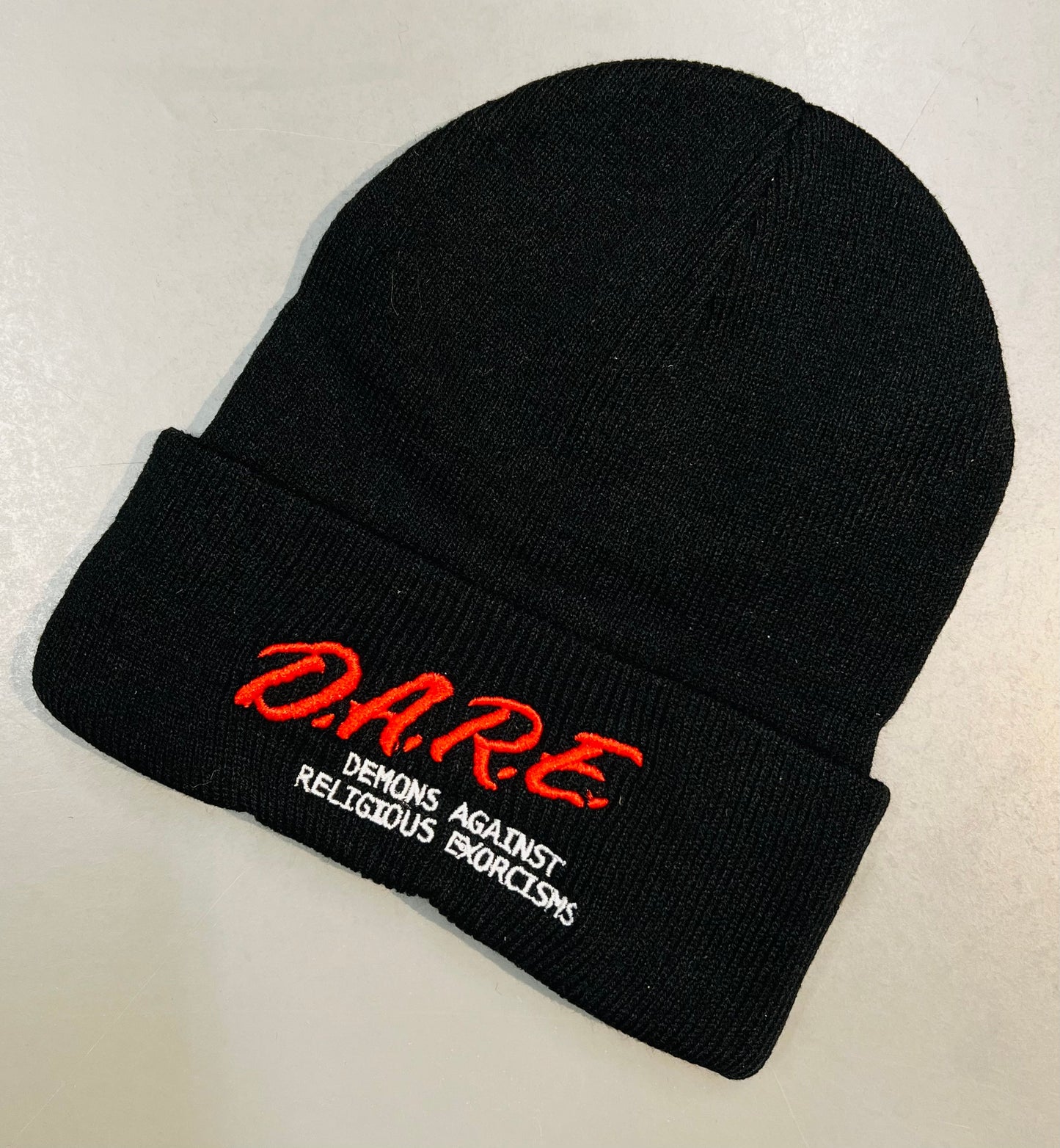 Vegan Beanie - DARE demons against religious exorcisms- READY TO SHIP