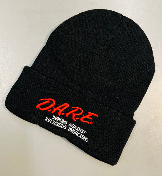 Vegan Beanie - DARE demons against religious exorcisms- READY TO SHIP