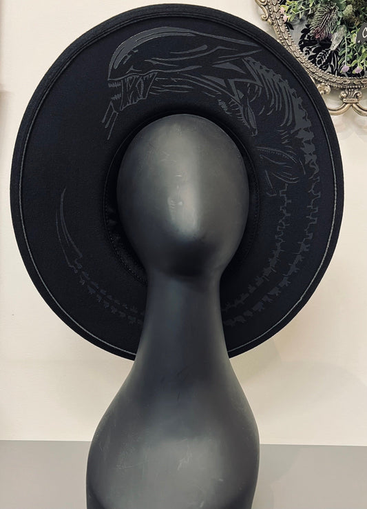 Vegan Felt Wide Brim Hat - XL Brim - Xenomorph - Black on Black