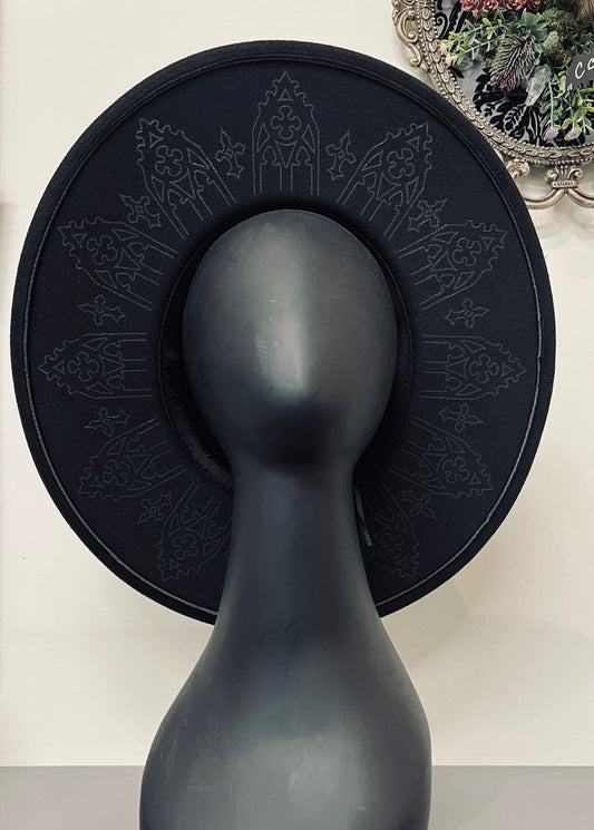 Vegan Felt Wide Brim Hat - XL Brim - Wrought Iron Crown - Black on Black