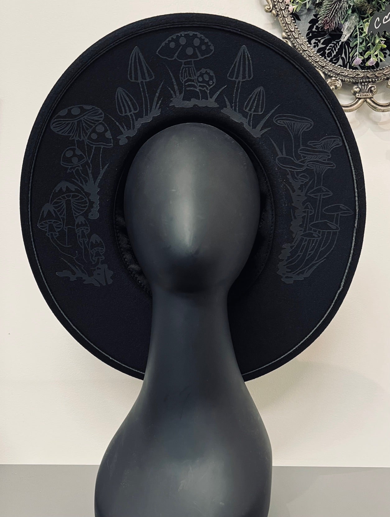 Vegan Felt Wide Brim Hat - XL Brim - Mushrooms - Black on Black
