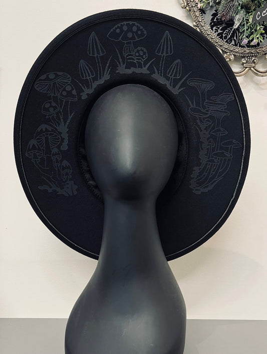 Vegan Felt Wide Brim Hat - XL Brim - Mushrooms - Black on Black