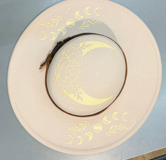 Vegan Felt Wide Brim Hat - Flat Top - Floral Moon - Cream on Cream