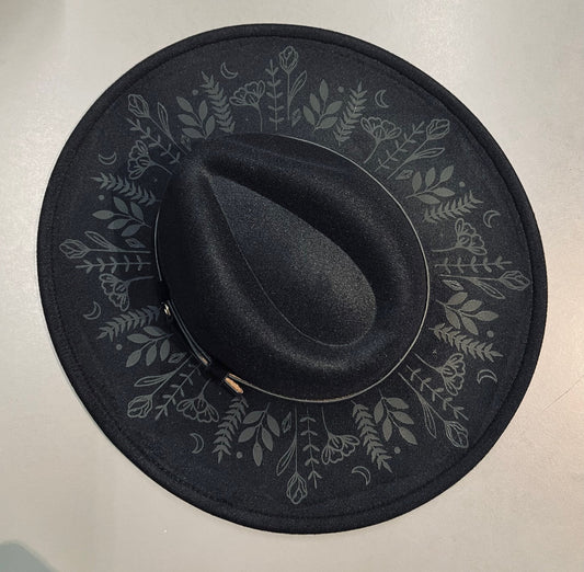 Vegan Felt Wide Brim Hat - XL Brim - Botanicals - Black on Black