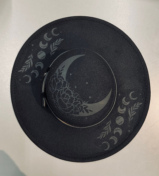 Vegan Felt Wide Brim Hat - Flat Top XL Brim - Floral moon - Black on Black