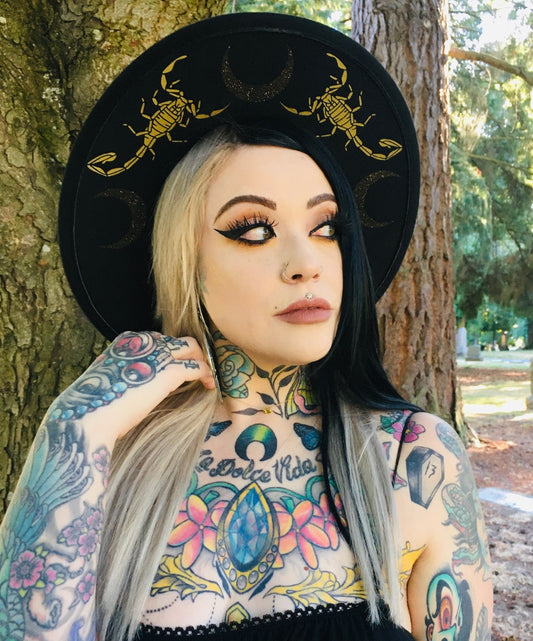 Vegan Felt Hat - XL Brim - "Scorpions & Moons"