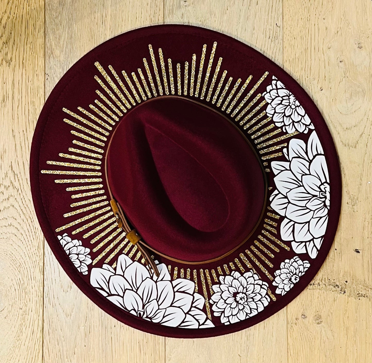 Vegan Felt Wide Brim Hat - XL Brim - Wine Red - Dahlia Burst