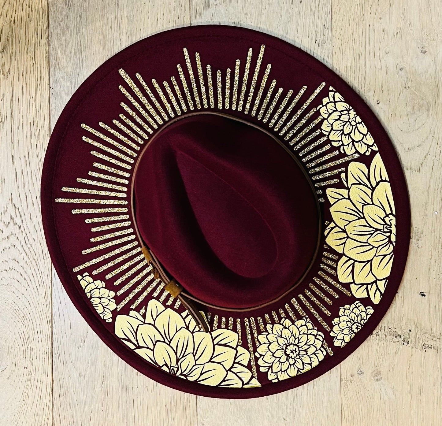 Vegan Felt Wide Brim Hat - XL Brim - Wine Red - Dahlia Burst