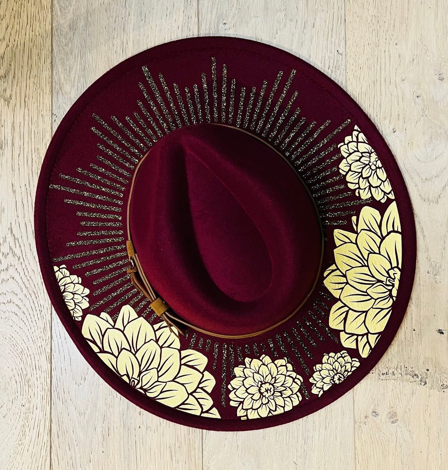 Vegan Felt Wide Brim Hat - XL Brim - Wine Red - Dahlia Burst
