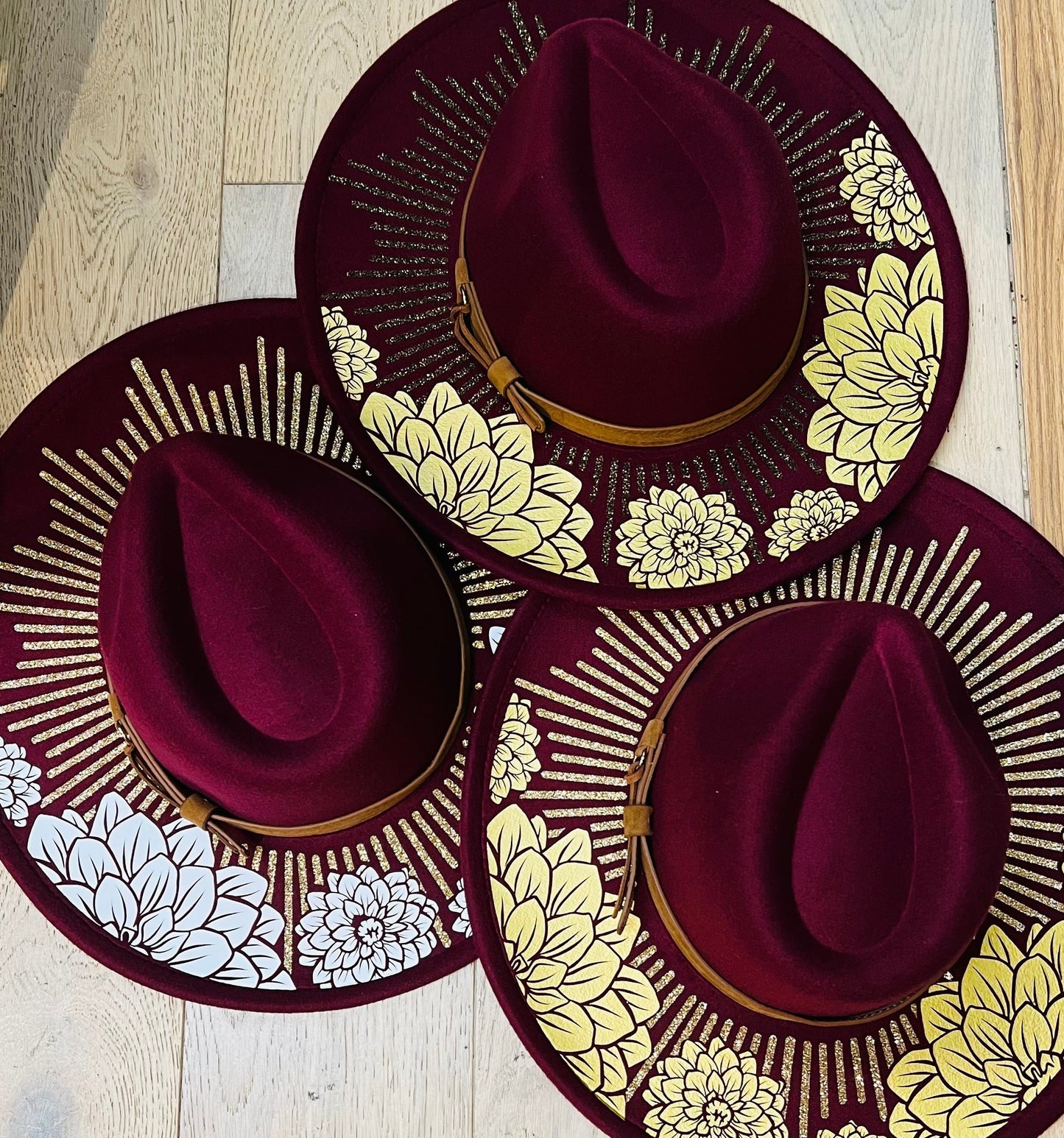 Vegan Felt Wide Brim Hat - XL Brim - Wine Red - Dahlia Burst