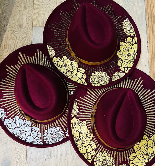 Vegan Felt Wide Brim Hat - XL Brim - Wine Red - Dahlia Burst