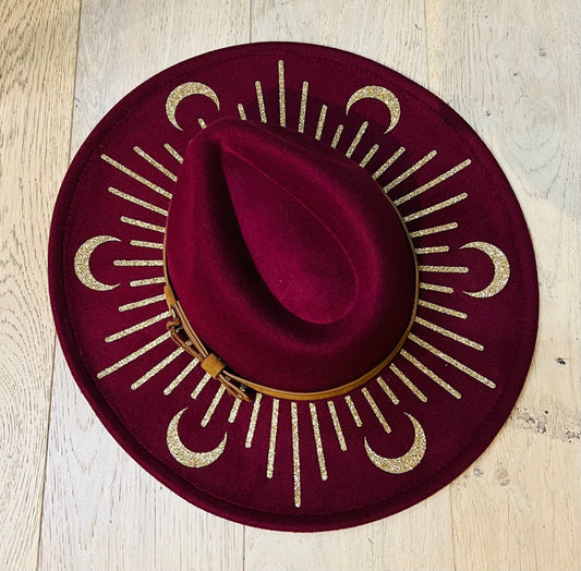 Vegan Felt Wide Brim Hat - XL Brim - Wine Red - Moonburst