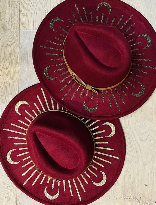 Vegan Felt Wide Brim Hat - XL Brim - Wine Red - Moonburst