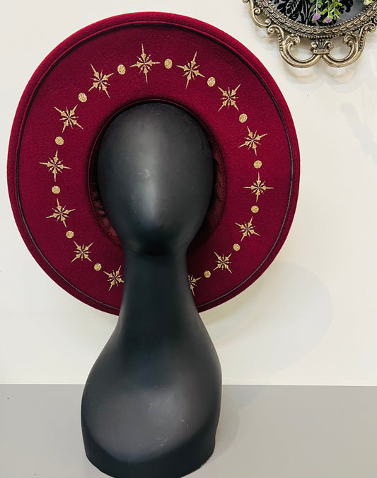 Vegan Felt Wide Brim Hat - XL Brim - Wine Red - Starbust