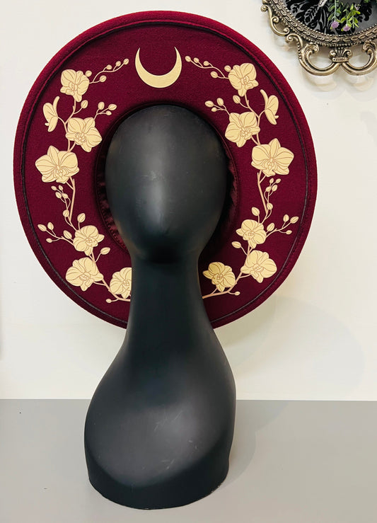 Vegan Felt Wide Brim Hat - XL Brim - Wine Red - Orchids
