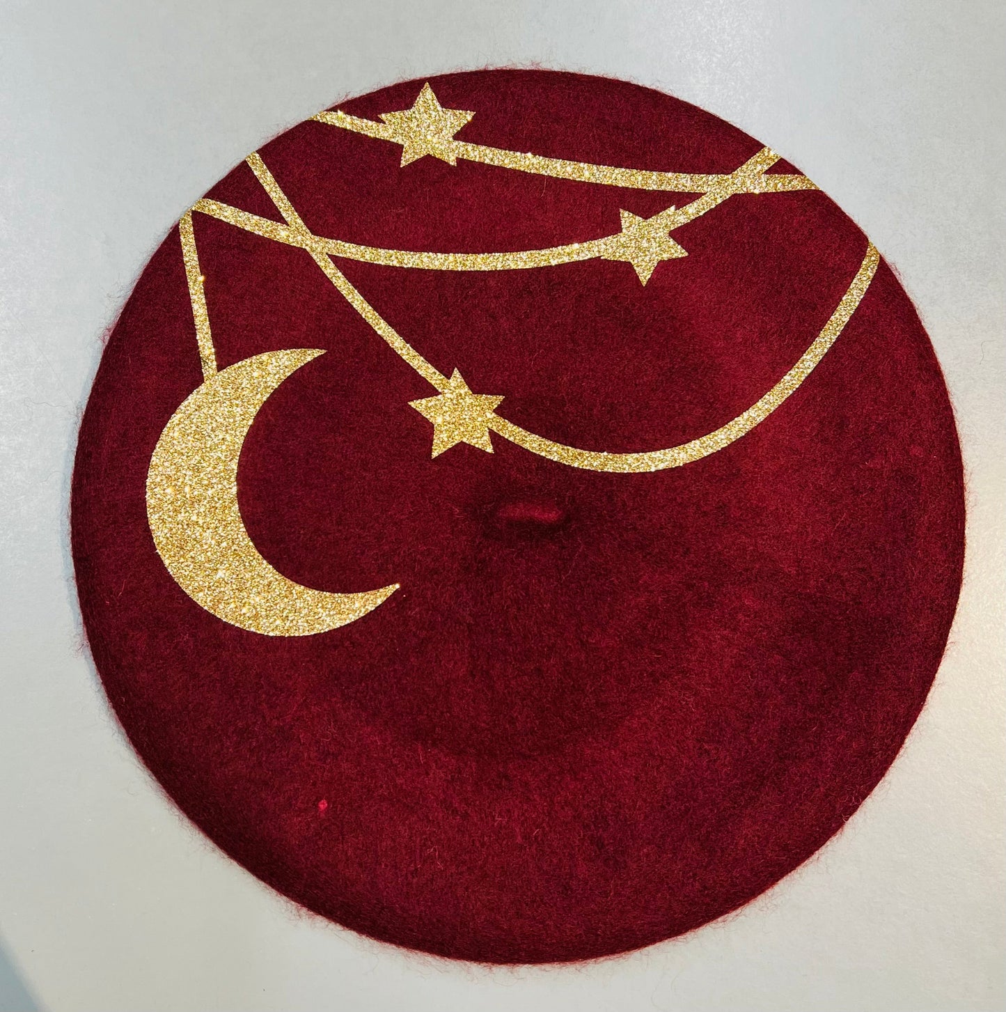 Vegan Beret - Burgundy  - Gold Hanging Moon and Stars