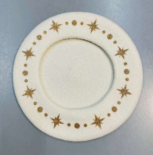Vegan Beret - Cream  - Gold Starburst