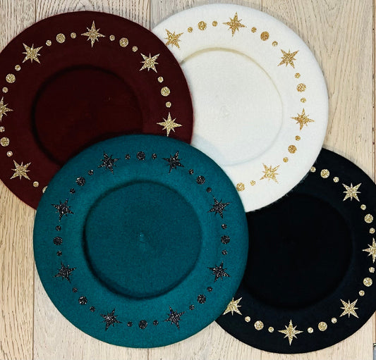 Vegan Beret - Cream  - Gold Starburst