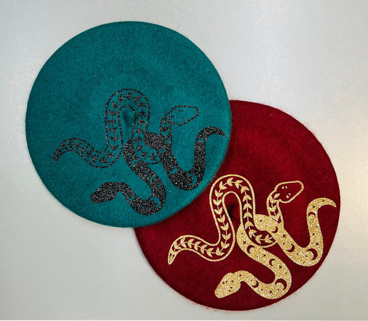Vegan Beret - Burgundy - Celestial Snakes