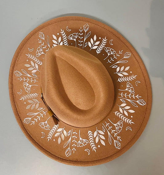 Vegan Wide Brim Hat - XL Brim - Caramel Rose Gold Foiled Botanicals - Ready to Ship