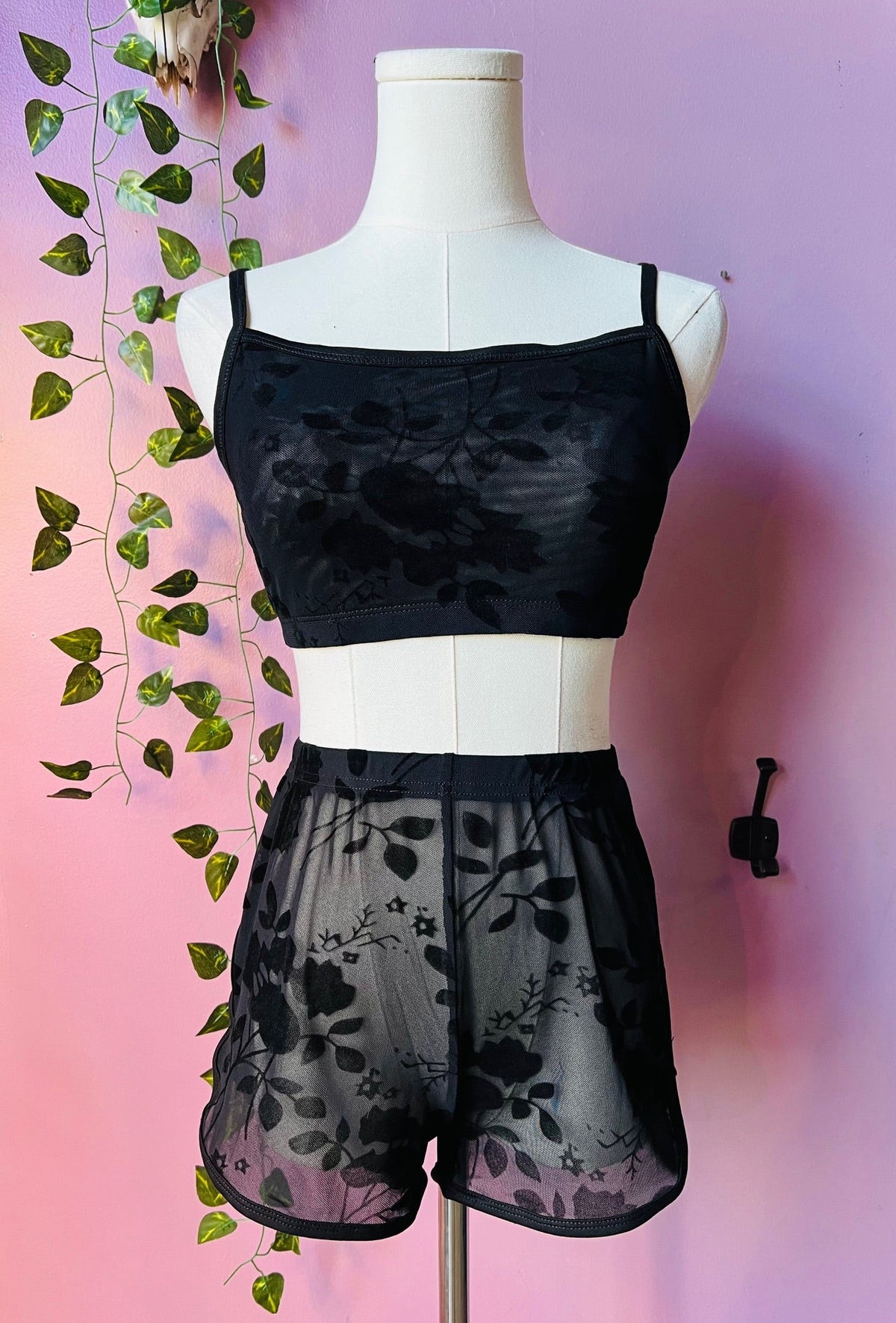 The Sinister Set - GOTHIC FLORAL - Sheer Velvet Flocked Floral Bra & Shorts Set - READY TO SHIP