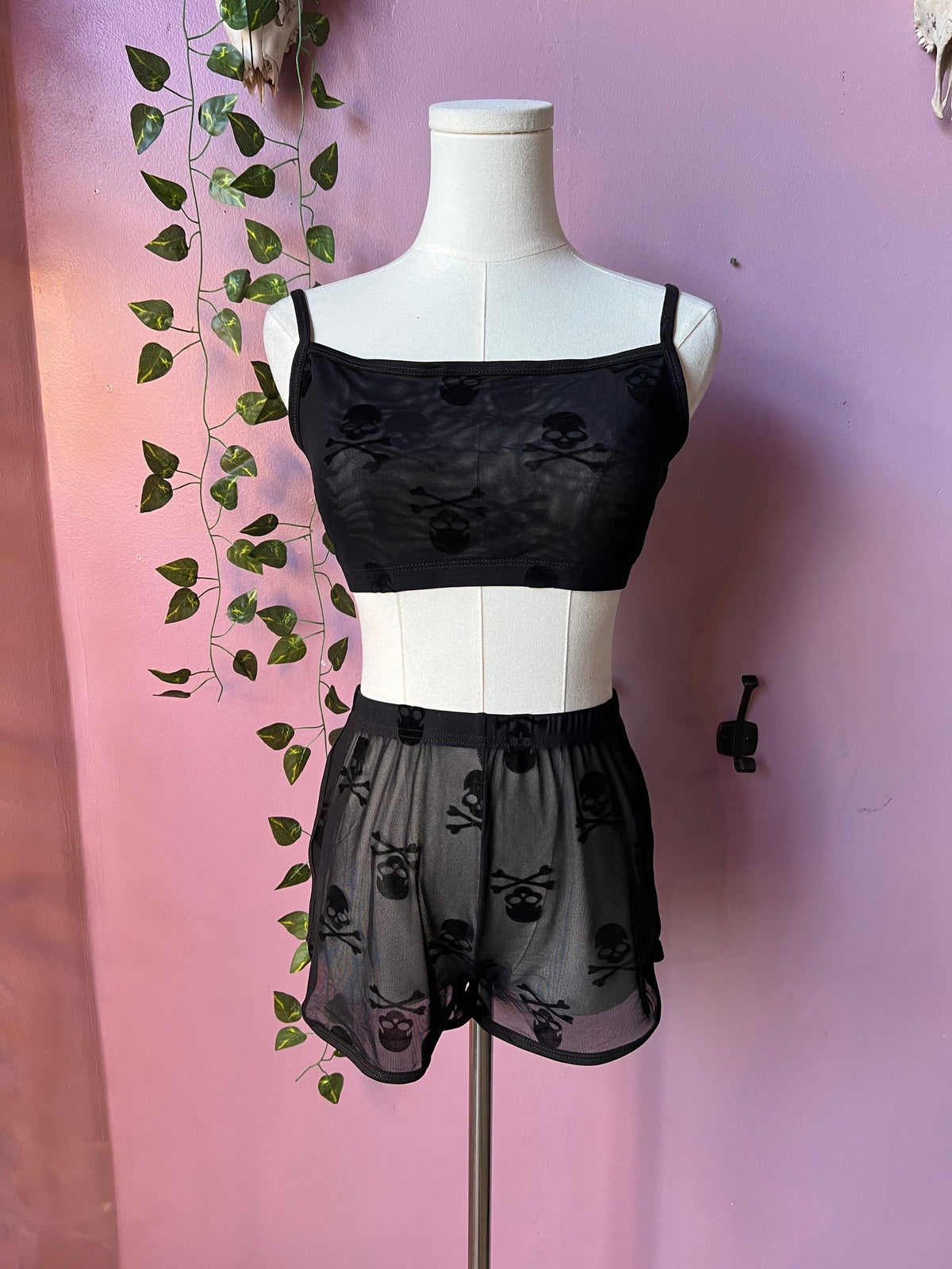 The Sinister Set - SKULLS - Sheer Velvet Flocked Skulls Bra & Shorts Set - READY TO SHIP