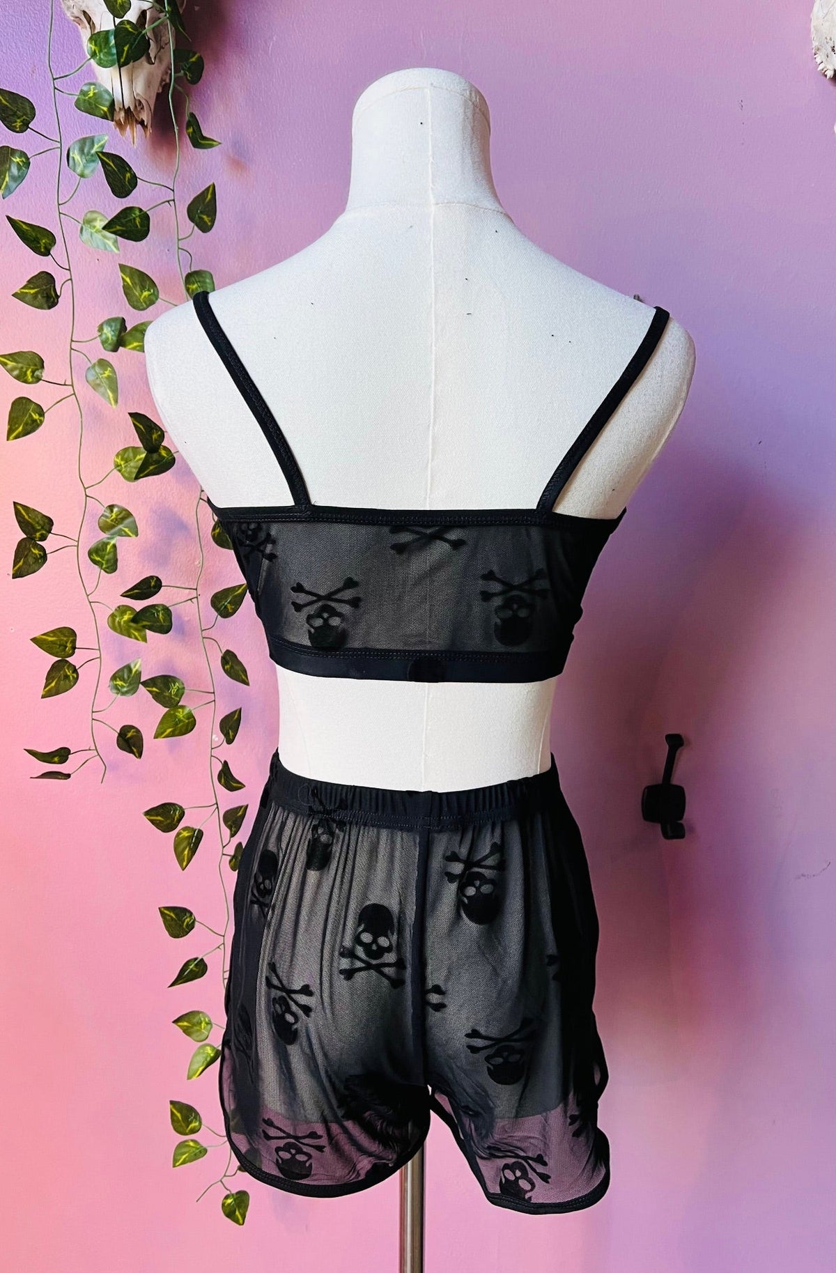 The Sinister Set - SKULLS - Sheer Velvet Flocked Skulls Bra & Shorts Set - READY TO SHIP