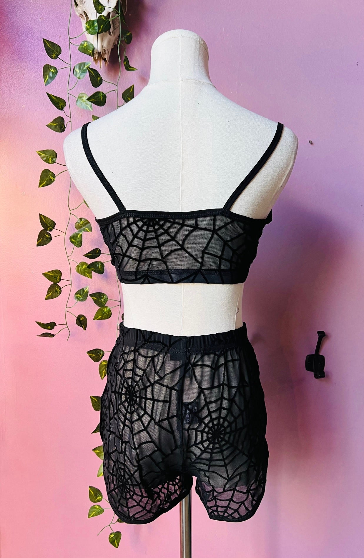 The Sinister Set - WEBS - Sheer Velvet Flocked Spider Web Bra & Shorts Set - READY To SHIP