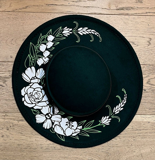 Vegan Felt Wide Brim Hat - Flat Top - Emerald - Floral Crescent Moon