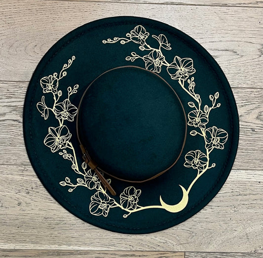 Vegan Felt Wide Brim Hat - Flat Top - Emerald - Orchids Outline