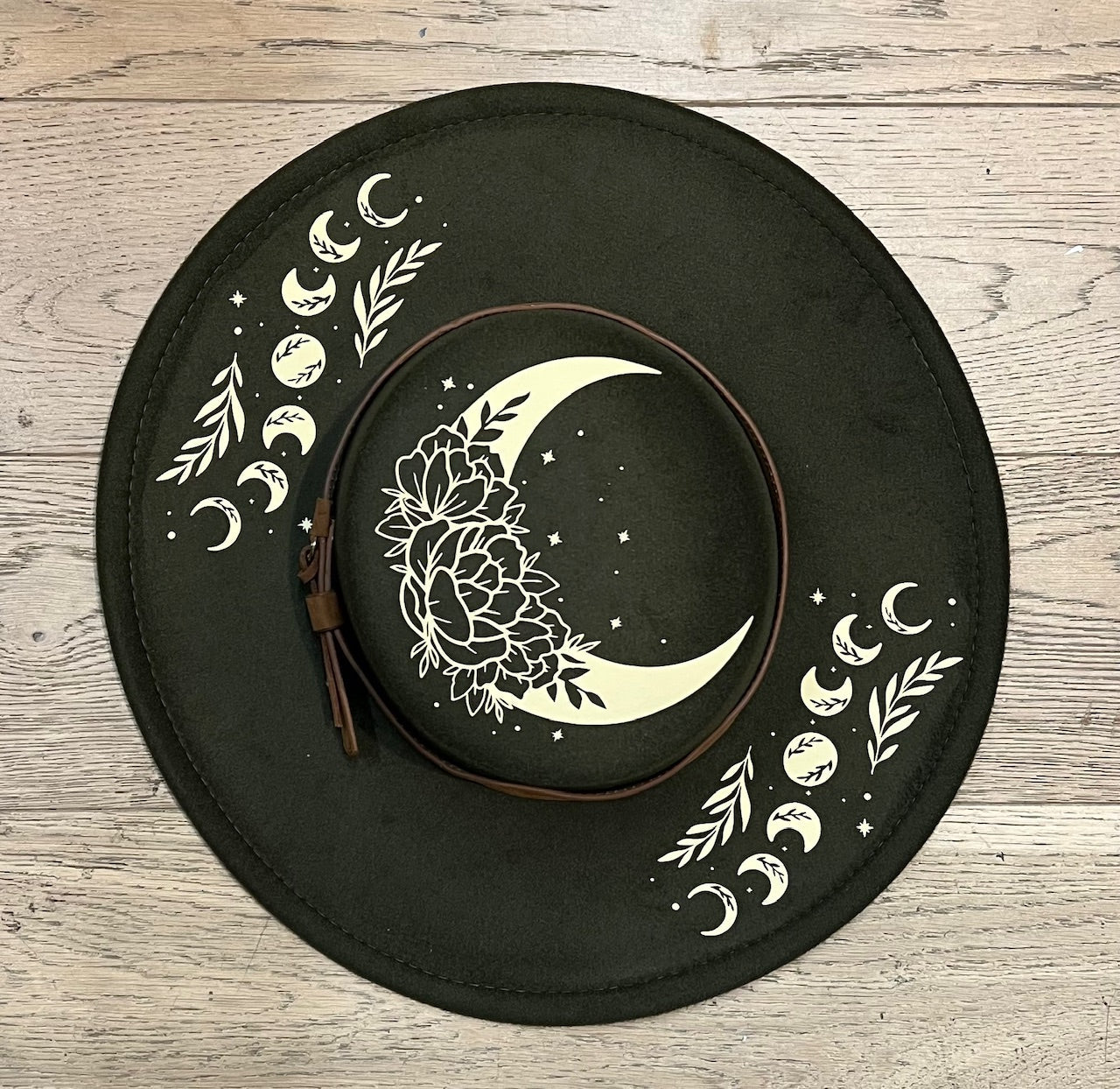 Vegan Felt Wide Brim Hat - Flat Top - Olive - Floral Moon